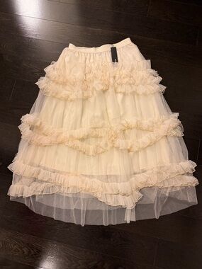 Beulah Cream Tiered Ruffle Tulle Midi Skirt
